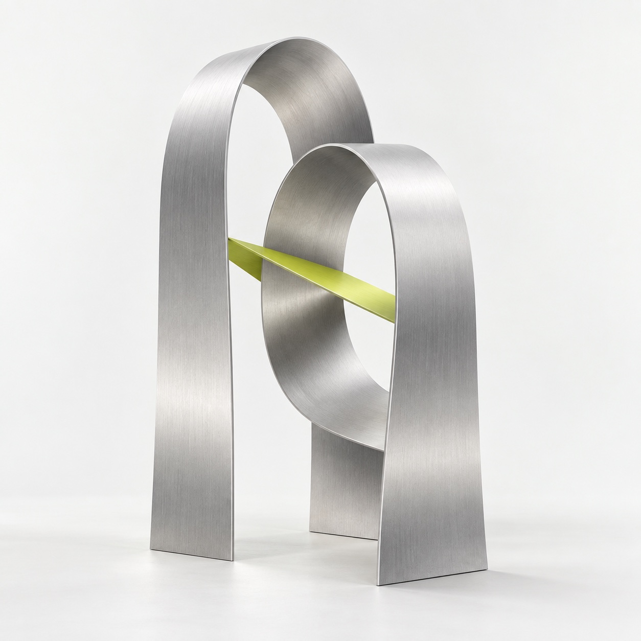 Two sculptural silver arches connected by a bright lime ribbon.