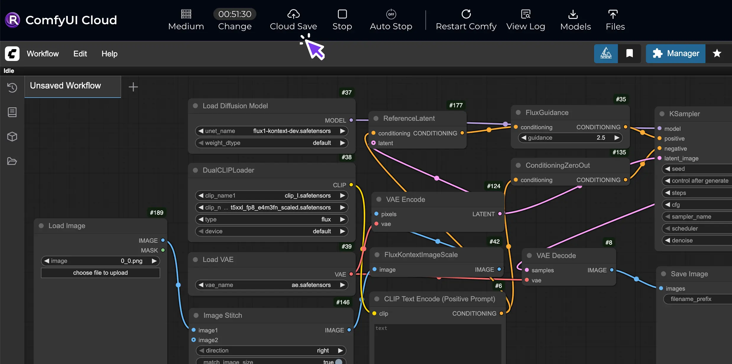 RunComfy’s ComfyUI Cloud workspace, showing connected image-generation nodes and cloud workflow controls.